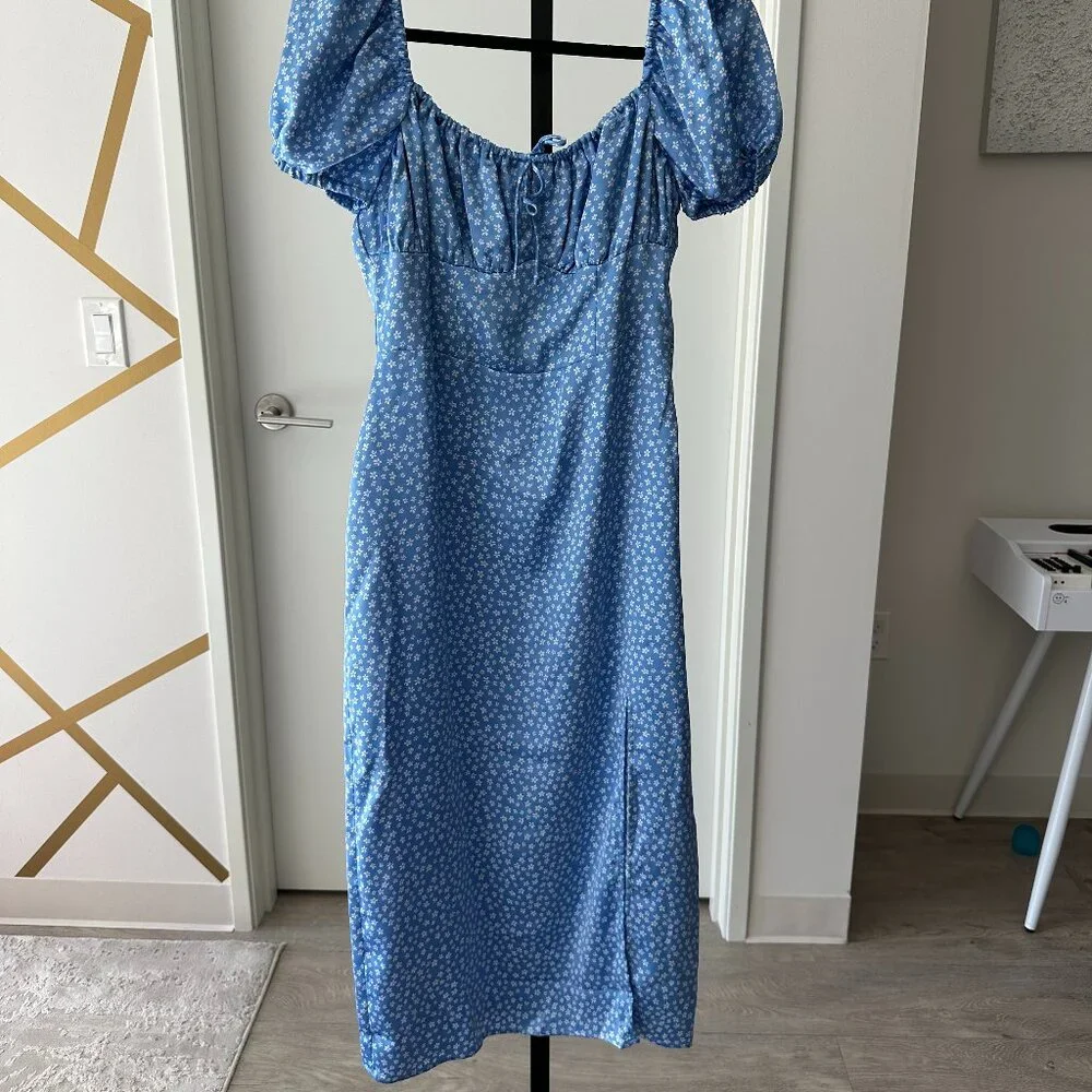 NA-KD Light Blue Floral Puff Sleeve Ruched Midi Dress Side Slit 6 S